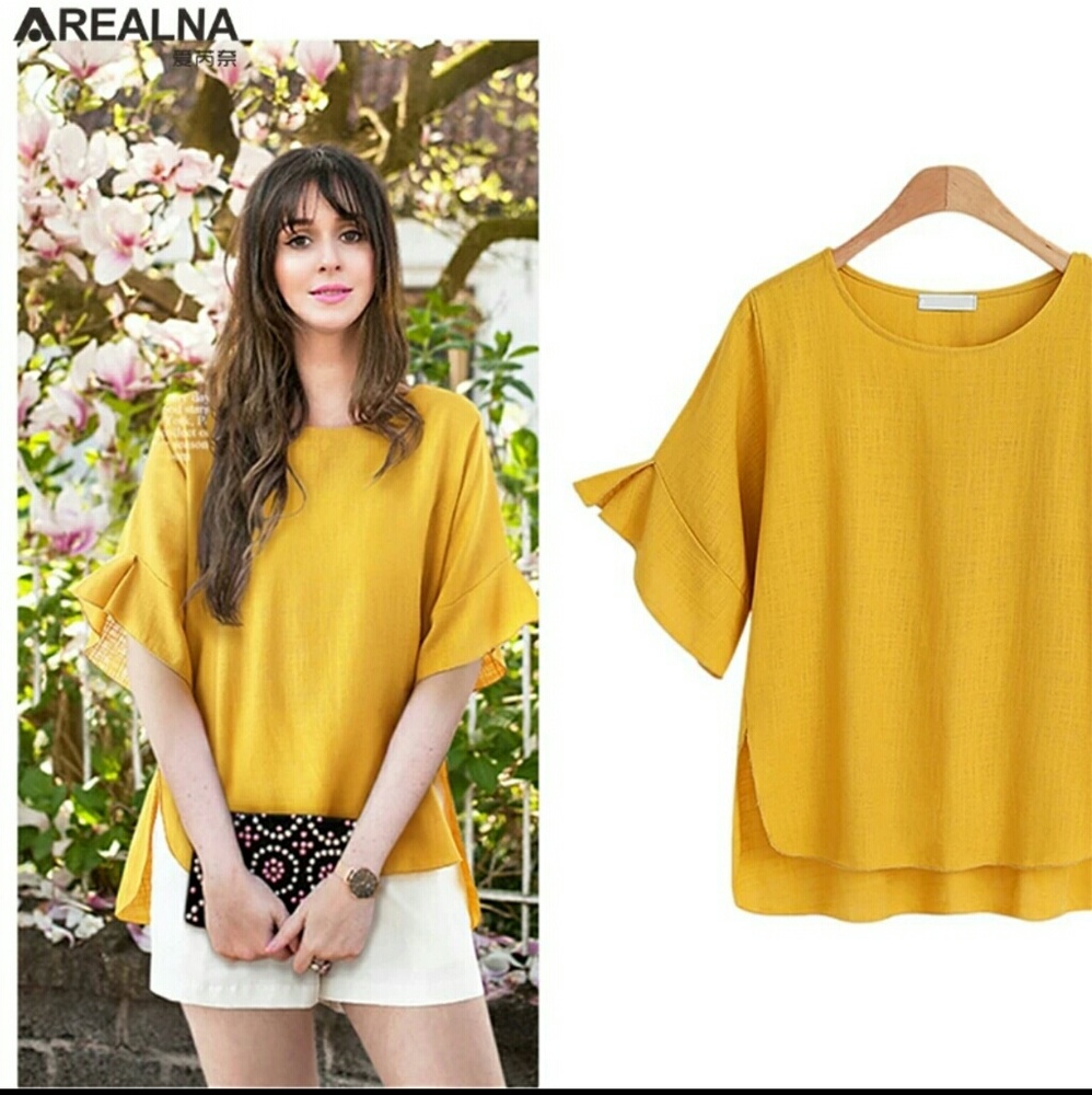 ladies yellow top ruffle sleeve nwot   [103]